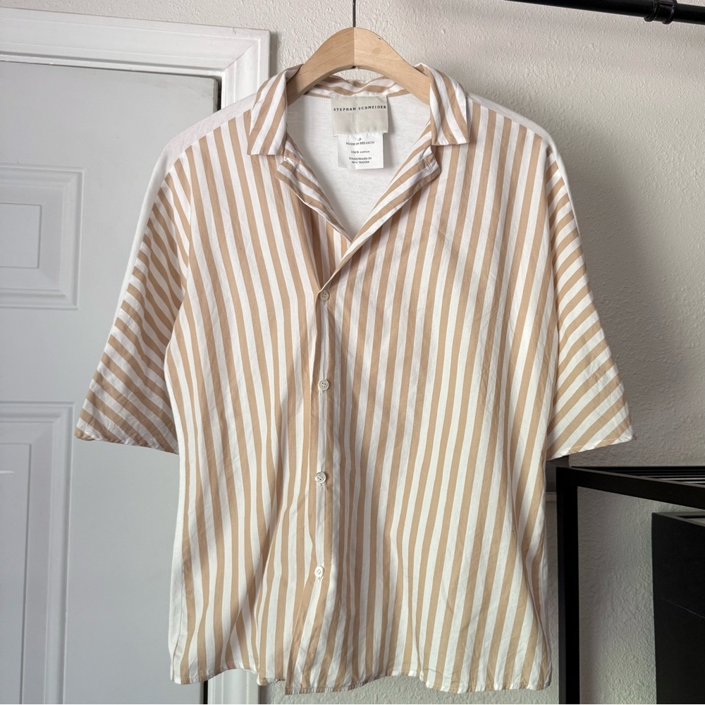 STEPHAN SCHNEIDER tan orange white striped‎ cotton mixed media shirt
